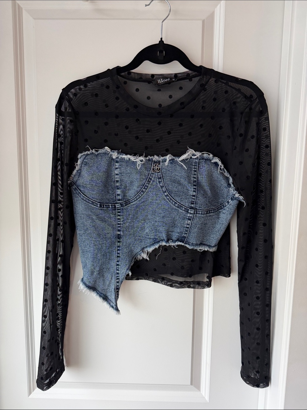 Sheer Black Polka Dot Long-Sleeve Top with Denim Bustier Overlay
